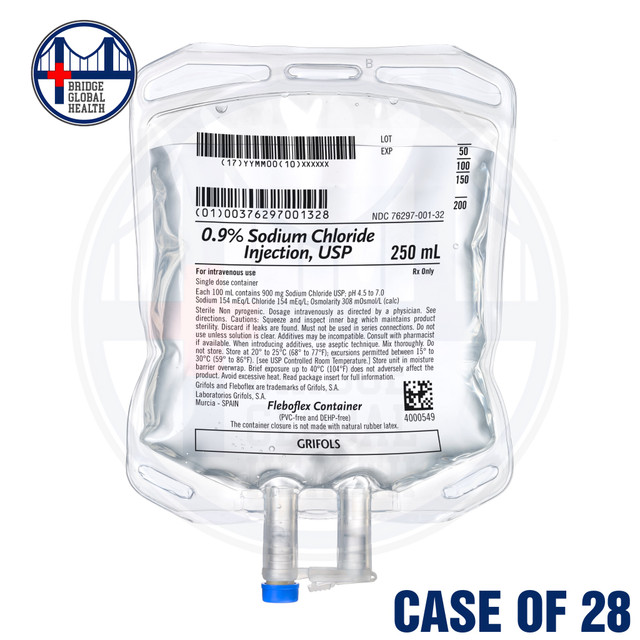 0.9% Sodium Chloride 250mL for IV Drip (Case of 28 x 250mL Bags)