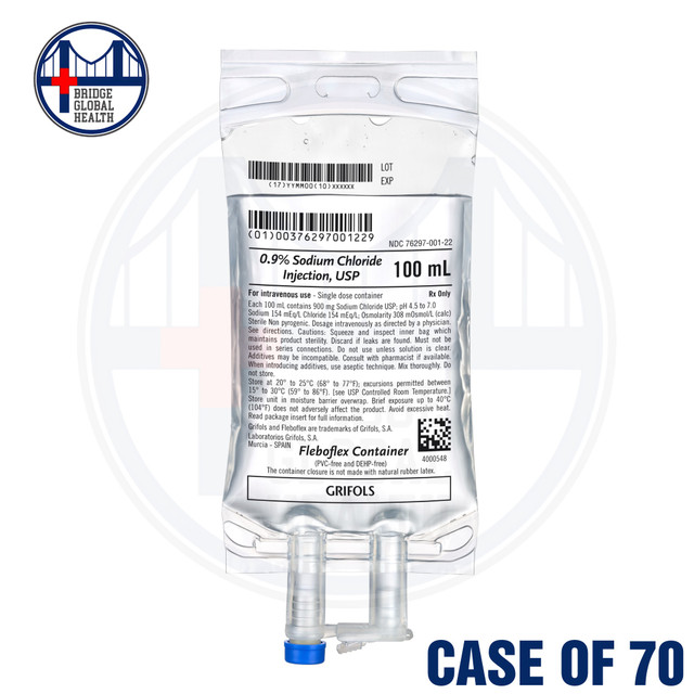 0.9% Sodium Chloride 100mL for IV Drip (Case of 70 x 100mL Bags)