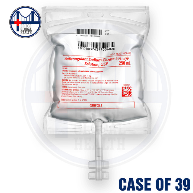 Anticoagulant Sodium Citrate 4%, 250mL, w/v Solution for IV Drip (Case of 39 x 250mL Bag)