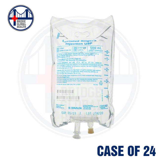 Injection Lactated Ringers, 500mL for IV Drip (Case of 24 x 500mL Bags)