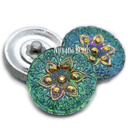 18mm Arabian Star Vitrail Green/Blue Wash Button