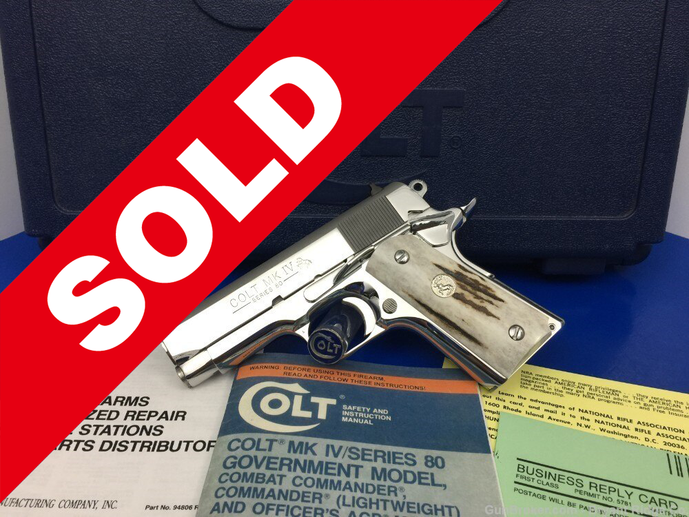 1989 Colt MKIV Officers *BRIGHT STAINLESS & GENUINE STAG GRIPS