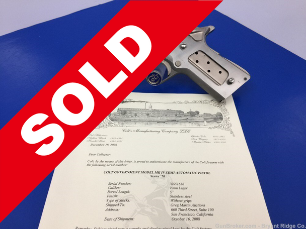 1983 Colt Government MKIV Ser 70 Stainless 9mm COLT ARCHIVES DISPLAY SAMPLE