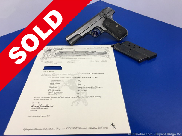 Colt Model 1903 *ULTRA RARE 23rd EXAMPLE PRODUCED* Colt Archives Letter