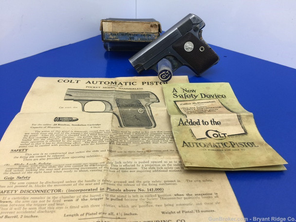 1938 Colt 1908 Hammerless .25 Acp Blue 2" *STUNNING VEST POCKET MODEL*