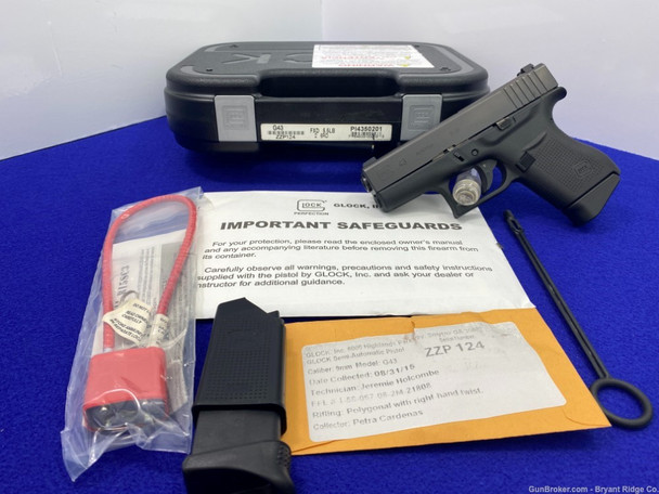 2015 Glock 43 Gen 4 Sub-Compact 9mm Black 3.39" *EXCELLENT GEN 4 PISTOL!*