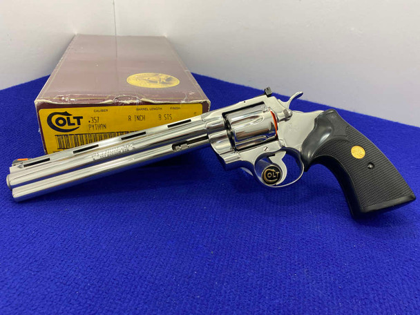 1989 -VINTAGE- Colt Python 357mag 8" *RARE FACTORY BRIGHT STAINLESS FINISH*