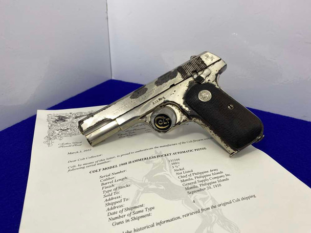 1938 Colt M1908 Pocket Hammerless *SHIPPED TO CHIEF OF PHILIPPINE ARMY* 1938 Colt M1908 Pocket Hammerless *SHIPPED TO CHIEF OF PHILIPPINE ARMY*