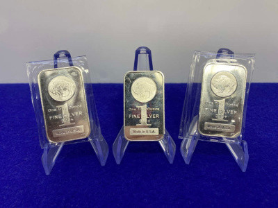 (3) Highland Mint 1oz -BUFFALO DESIGN SILVER BARS 3 Troy Ounces FINE SILVER