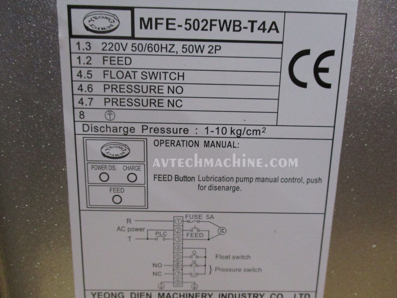 MFE-502FWB-T4A Yeong Dien Lubrication Pump 4L Tank 220V