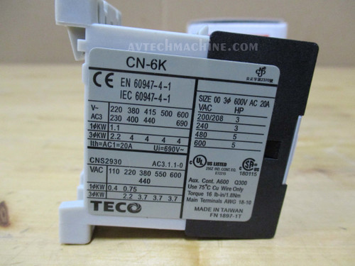 TECO CN-6 magnetic contactor, 220V coil, 3A1a NO – Eisen Machinery Inc