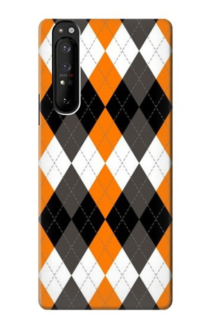 S3421 黒 オレンジ 白 アーガイルプラッド Black Orange White Argyle Plaid Sony Xperia 1 III バックケース、フリップケース・カバー