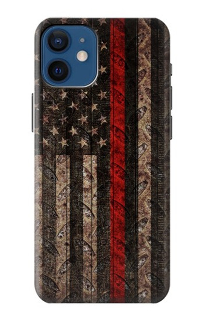 S3804 消防士メタルレッドラインフラググラフィック Fire Fighter Metal Red Line Flag Graphic iPhone 12 mini バックケース、フリップケース・カバー