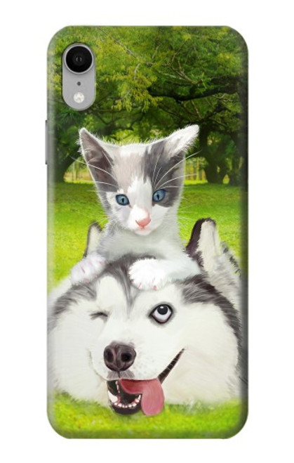 S3795 不機嫌子猫遊び心シベリアンハスキー犬ペイント Grumpy Kitten Cat Playful Siberian Husky Dog Paint iPhone XR バックケース、フリップケース・カバー