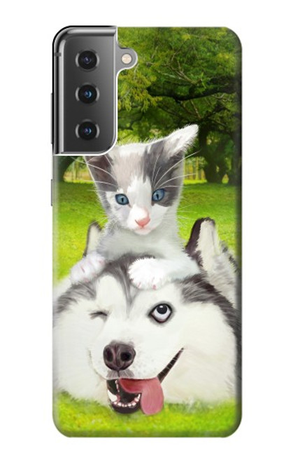 S3795 不機嫌子猫遊び心シベリアンハスキー犬ペイント Grumpy Kitten Cat Playful Siberian Husky Dog Paint Samsung Galaxy S21 Plus 5G, Galaxy S21+ 5G バックケース、フリップケース・カバー