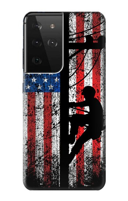 S3803 電気技師ラインマンアメリカ国旗 Electrician Lineman American Flag Samsung Galaxy S21 Ultra 5G バックケース、フリップケース・カバー
