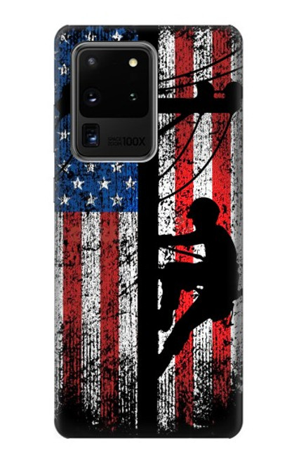 S3803 電気技師ラインマンアメリカ国旗 Electrician Lineman American Flag Samsung Galaxy S20 Ultra バックケース、フリップケース・カバー