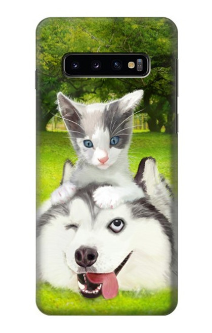 S3795 不機嫌子猫遊び心シベリアンハスキー犬ペイント Grumpy Kitten Cat Playful Siberian Husky Dog Paint Samsung Galaxy S10 バックケース、フリップケース・カバー