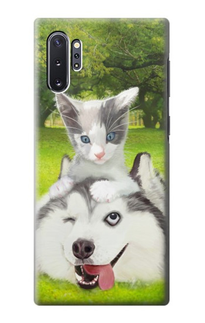 S3795 不機嫌子猫遊び心シベリアンハスキー犬ペイント Grumpy Kitten Cat Playful Siberian Husky Dog Paint Samsung Galaxy Note 10 Plus バックケース、フリップケース・カバー