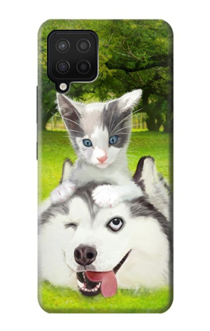 S3795 不機嫌子猫遊び心シベリアンハスキー犬ペイント Grumpy Kitten Cat Playful Siberian Husky Dog Paint Samsung Galaxy A12 バックケース、フリップケース・カバー