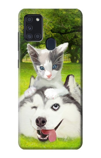 S3795 不機嫌子猫遊び心シベリアンハスキー犬ペイント Grumpy Kitten Cat Playful Siberian Husky Dog Paint Samsung Galaxy A21s バックケース、フリップケース・カバー