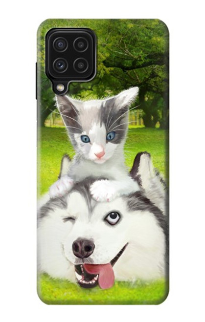 S3795 不機嫌子猫遊び心シベリアンハスキー犬ペイント Grumpy Kitten Cat Playful Siberian Husky Dog Paint Samsung Galaxy A22 4G バックケース、フリップケース・カバー
