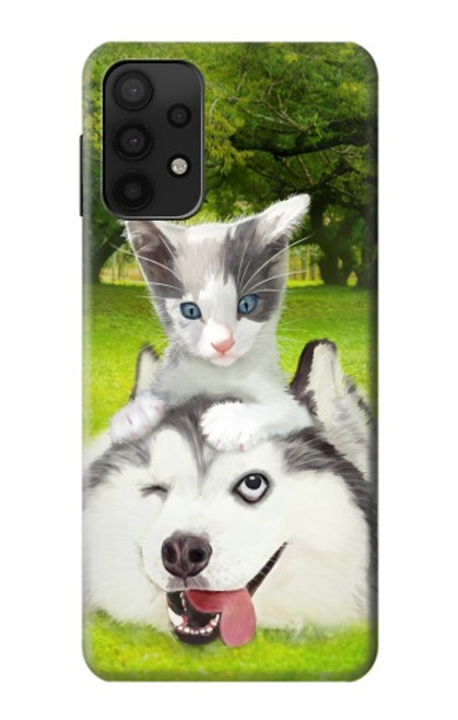 S3795 不機嫌子猫遊び心シベリアンハスキー犬ペイント Grumpy Kitten Cat Playful Siberian Husky Dog Paint Samsung Galaxy A32 5G バックケース、フリップケース・カバー