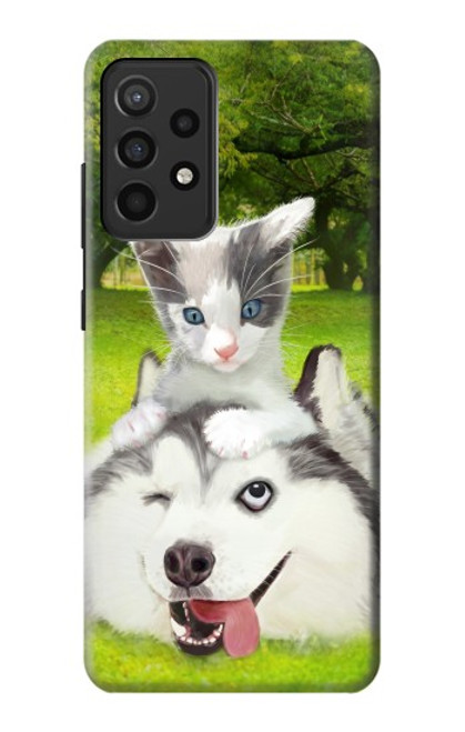 S3795 不機嫌子猫遊び心シベリアンハスキー犬ペイント Grumpy Kitten Cat Playful Siberian Husky Dog Paint Samsung Galaxy A52, Galaxy A52 5G バックケース、フリップケース・カバー