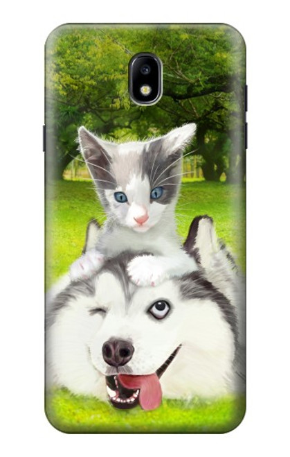 S3795 不機嫌子猫遊び心シベリアンハスキー犬ペイント Grumpy Kitten Cat Playful Siberian Husky Dog Paint Samsung Galaxy J7 (2018), J7 Aero, J7 Top, J7 Aura, J7 Crown, J7 Refine, J7 Eon, J7 V 2nd Gen, J7 Star バックケース、フリップケース・カバー