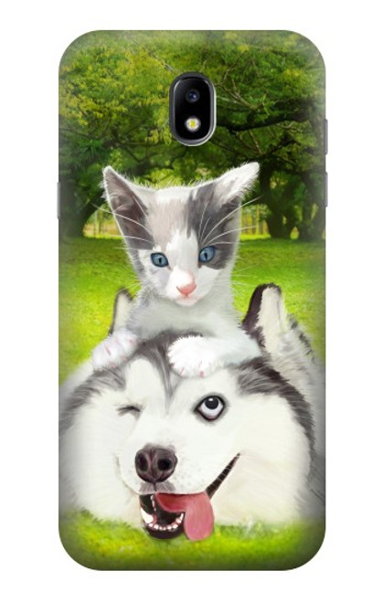 S3795 不機嫌子猫遊び心シベリアンハスキー犬ペイント Grumpy Kitten Cat Playful Siberian Husky Dog Paint Samsung Galaxy J5 (2017) EU Version バックケース、フリップケース・カバー