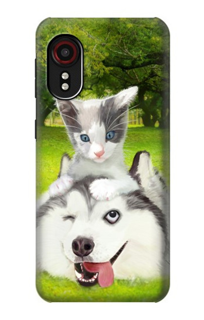 S3795 不機嫌子猫遊び心シベリアンハスキー犬ペイント Grumpy Kitten Cat Playful Siberian Husky Dog Paint Samsung Galaxy Xcover 5 バックケース、フリップケース・カバー