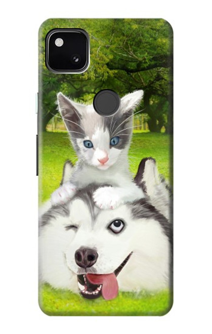S3795 不機嫌子猫遊び心シベリアンハスキー犬ペイント Grumpy Kitten Cat Playful Siberian Husky Dog Paint Google Pixel 4a バックケース、フリップケース・カバー