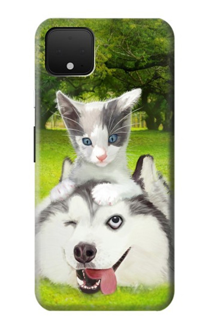 S3795 不機嫌子猫遊び心シベリアンハスキー犬ペイント Grumpy Kitten Cat Playful Siberian Husky Dog Paint Google Pixel 4 XL バックケース、フリップケース・カバー