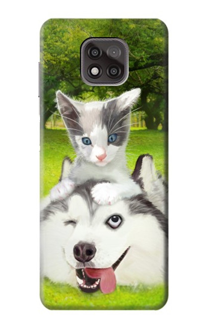 S3795 不機嫌子猫遊び心シベリアンハスキー犬ペイント Grumpy Kitten Cat Playful Siberian Husky Dog Paint Motorola Moto G Power (2021) バックケース、フリップケース・カバー