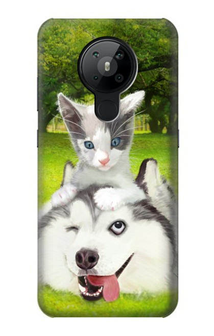 S3795 不機嫌子猫遊び心シベリアンハスキー犬ペイント Grumpy Kitten Cat Playful Siberian Husky Dog Paint Nokia 5.3 バックケース、フリップケース・カバー