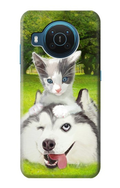 S3795 不機嫌子猫遊び心シベリアンハスキー犬ペイント Grumpy Kitten Cat Playful Siberian Husky Dog Paint Nokia X20 バックケース、フリップケース・カバー