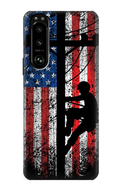 S3803 電気技師ラインマンアメリカ国旗 Electrician Lineman American Flag Sony Xperia 5 III バックケース、フリップケース・カバー