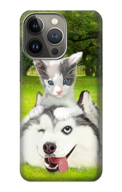 S3795 不機嫌子猫遊び心シベリアンハスキー犬ペイント Grumpy Kitten Cat Playful Siberian Husky Dog Paint iPhone 13 Pro Max バックケース、フリップケース・カバー