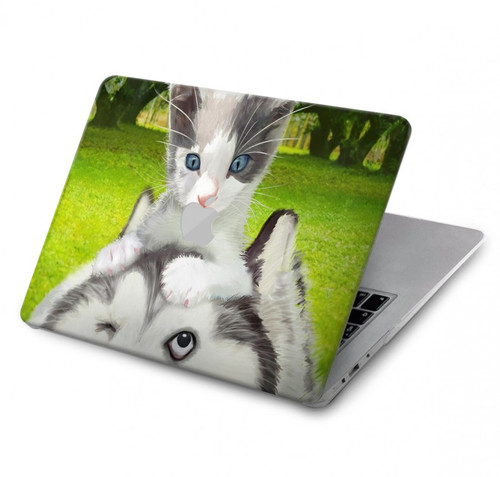 S3795 不機嫌子猫遊び心シベリアンハスキー犬ペイント Grumpy Kitten Cat Playful Siberian Husky Dog Paint MacBook Air 13″ - A1932, A2179, A2337 ケース・カバー