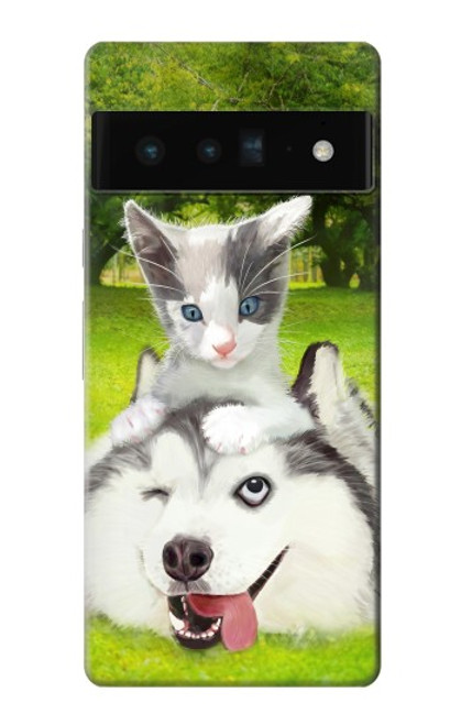 S3795 不機嫌子猫遊び心シベリアンハスキー犬ペイント Grumpy Kitten Cat Playful Siberian Husky Dog Paint Google Pixel 6 Pro バックケース、フリップケース・カバー