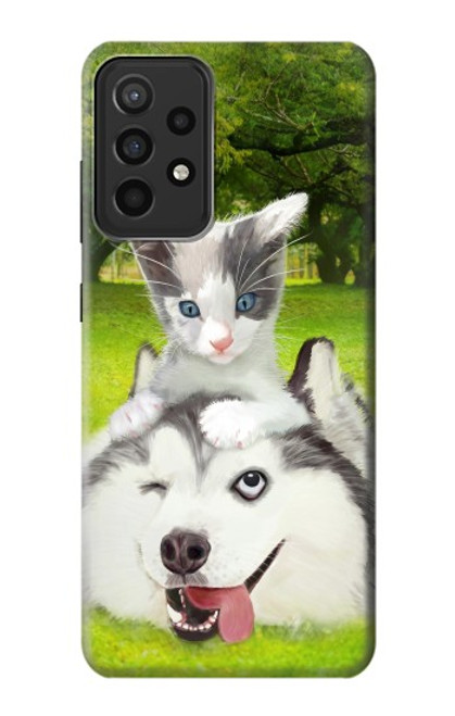 S3795 不機嫌子猫遊び心シベリアンハスキー犬ペイント Grumpy Kitten Cat Playful Siberian Husky Dog Paint Samsung Galaxy A52s 5G バックケース、フリップケース・カバー