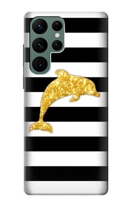 S2882 黒と白のストライプ ゴールドドルフィン Black and White Striped Gold Dolphin Samsung Galaxy S22 Ultra バックケース、フリップケース・カバー