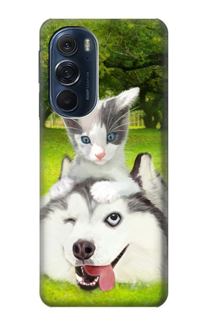 S3795 不機嫌子猫遊び心シベリアンハスキー犬ペイント Grumpy Kitten Cat Playful Siberian Husky Dog Paint Motorola Edge X30 バックケース、フリップケース・カバー