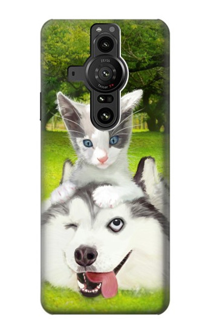 S3795 不機嫌子猫遊び心シベリアンハスキー犬ペイント Kitten Cat Playful Siberian Husky Dog Paint Sony Xperia Pro-I バックケース、フリップケース・カバー