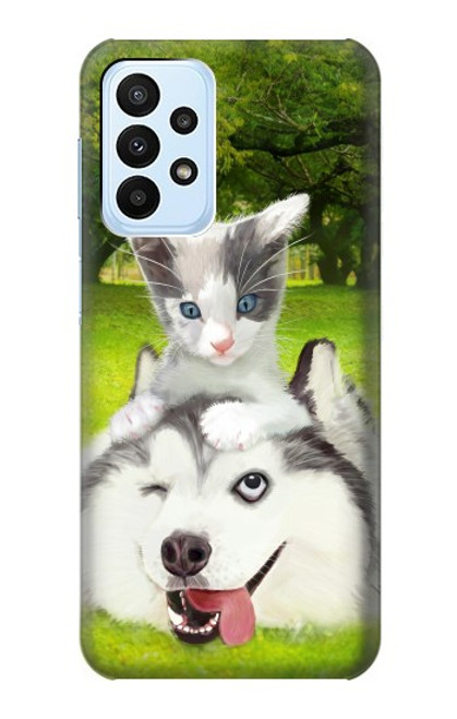 S3795 不機嫌子猫遊び心シベリアンハスキー犬ペイント Kitten Cat Playful Siberian Husky Dog Paint Samsung Galaxy A23 バックケース、フリップケース・カバー