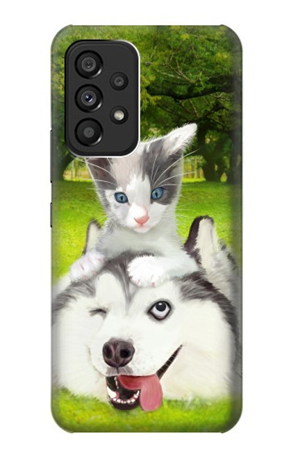 S3795 不機嫌子猫遊び心シベリアンハスキー犬ペイント Kitten Cat Playful Siberian Husky Dog Paint Samsung Galaxy A53 5G バックケース、フリップケース・カバー