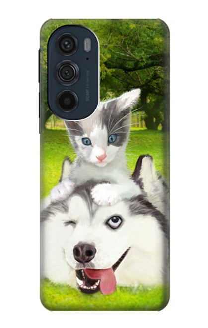 S3795 不機嫌子猫遊び心シベリアンハスキー犬ペイント Kitten Cat Playful Siberian Husky Dog Paint Motorola Edge 30 Pro バックケース、フリップケース・カバー