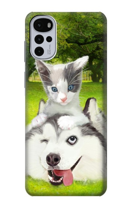 S3795 不機嫌子猫遊び心シベリアンハスキー犬ペイント Kitten Cat Playful Siberian Husky Dog Paint Motorola Moto G22 バックケース、フリップケース・カバー