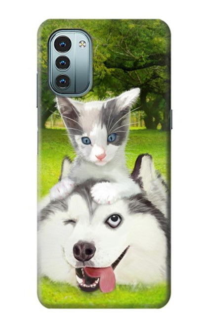 S3795 不機嫌子猫遊び心シベリアンハスキー犬ペイント Kitten Cat Playful Siberian Husky Dog Paint Nokia G11, G21 バックケース、フリップケース・カバー