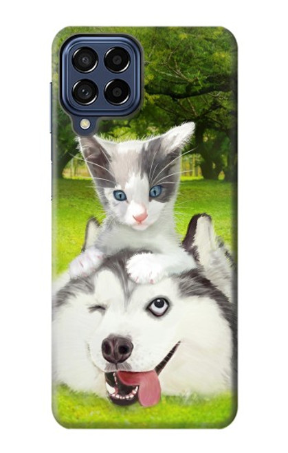 S3795 不機嫌子猫遊び心シベリアンハスキー犬ペイント Kitten Cat Playful Siberian Husky Dog Paint Samsung Galaxy M53 バックケース、フリップケース・カバー